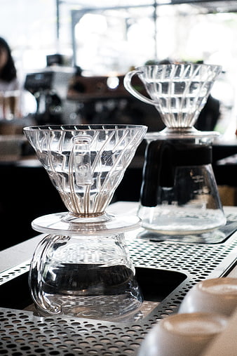 Glass V60 Coffee Dripper on Perforated Metal Tray