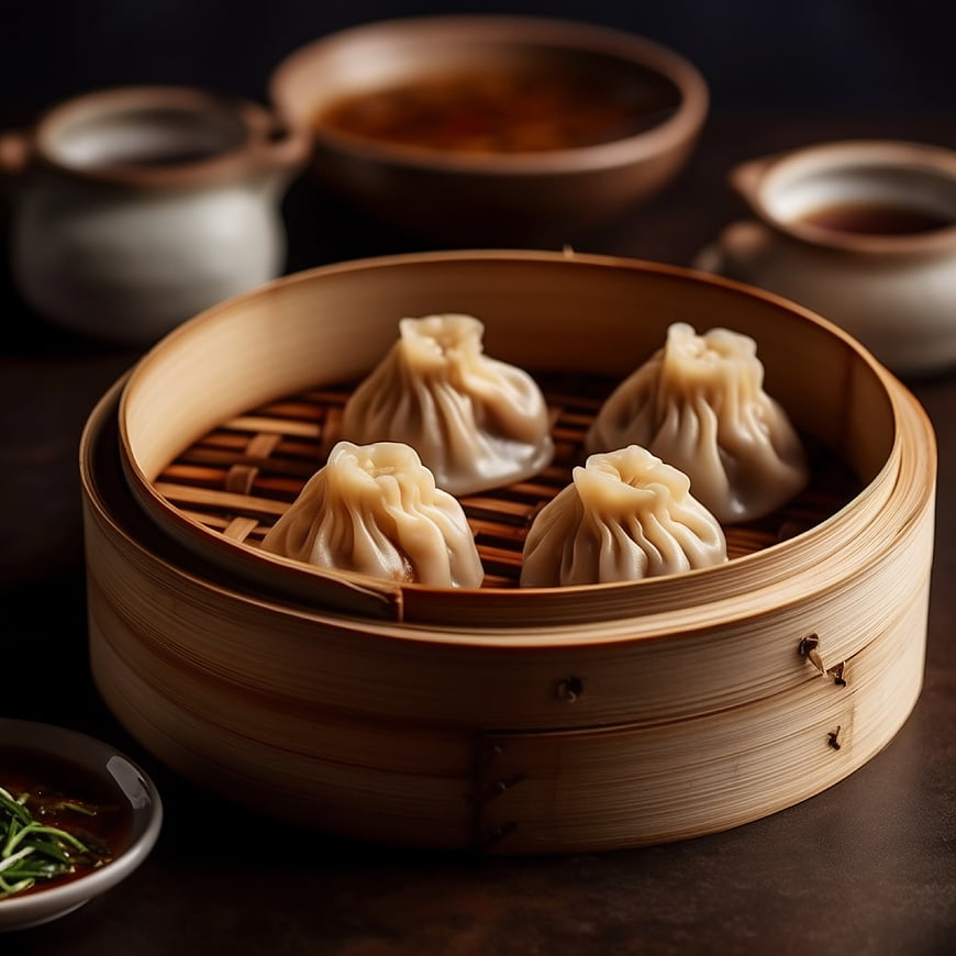 Steamed Xiaolongbao Dumplings in Bamboo Steamer