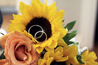 Wedding rings on sunflower and rose bouquet close up