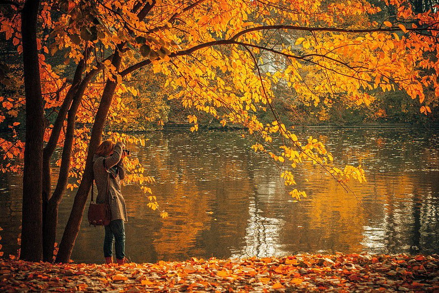 Woman Photographer Taking Pictures by Lake in Autumn