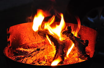Close-up of burning wood fire in metal brazier