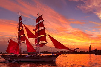Scarlet Sails Festival Ship on Neva River at Sunset