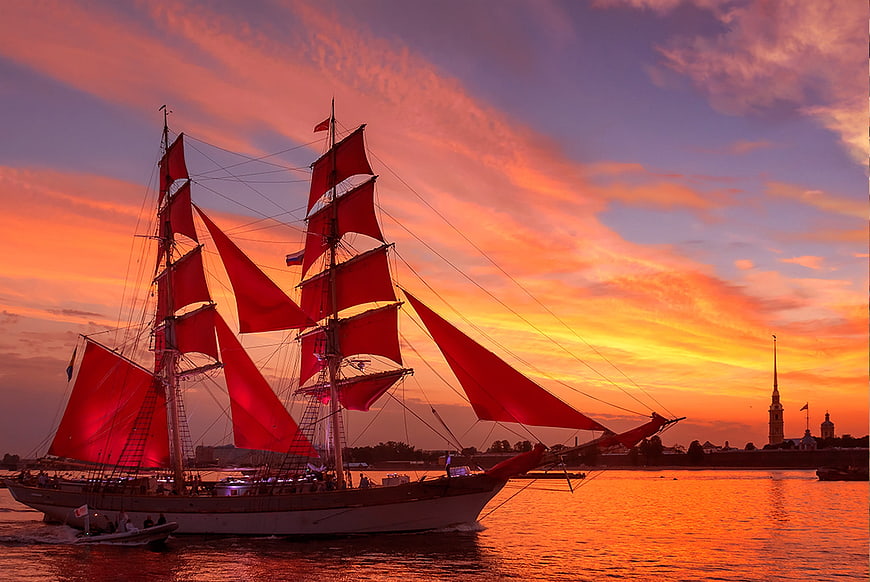 Scarlet Sails Festival Ship on Neva River at Sunset