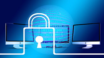 Digital padlock icon securing binary code sphere between computers