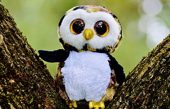 Cute Plush Owl Toy Perched On Tree Branch