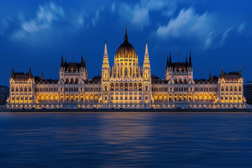 Hungarian Parliament Building illuminated at night in Budapest