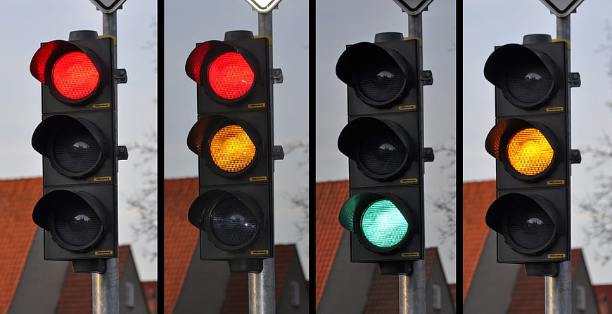 Sequence of traffic light signals showing red, yellow, and green phases
