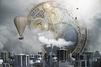 Steampunk cityscape with giant clock and hot air balloon