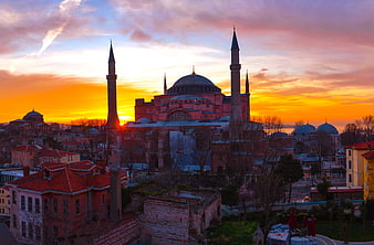 Hagia Sophia Istanbul Turkey Sunset Skyline View
