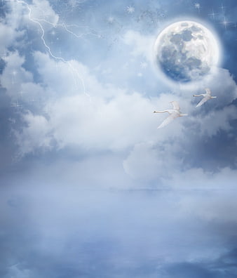 Fantasy Swans Flying Past Moon and Lightning in Clouds