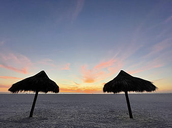 Silhouetted Thatched Beach Umbrellas at Sunset