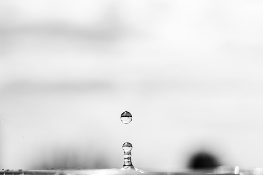 Black and white water droplet splash photography