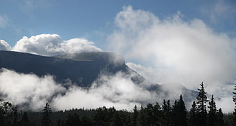 Misty Mountain Peak with Forest Silhouette and Blue Sky