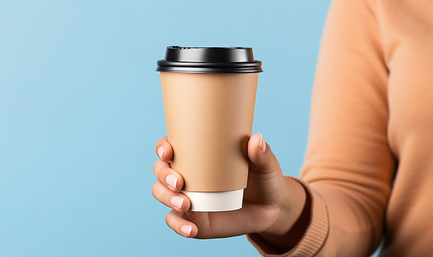 Hand holding paper coffee cup on blue background