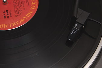 Close-up of Technics turntable playing vinyl record