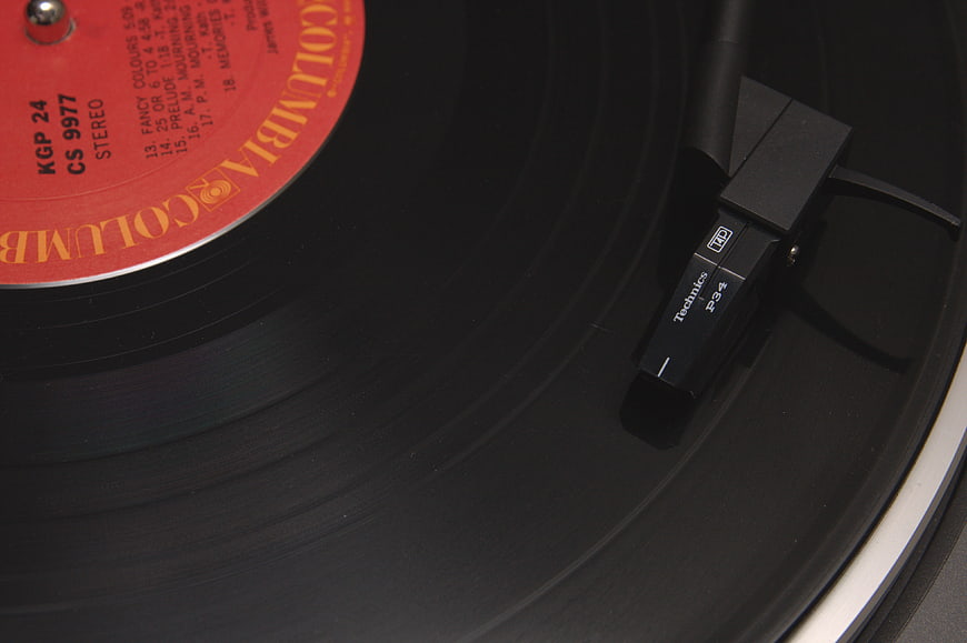 Close-up of Technics turntable playing vinyl record
