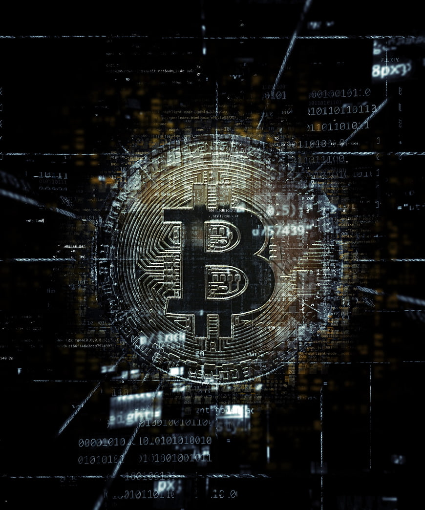 Digital Bitcoin Coin with Glitch Effect and Binary Code