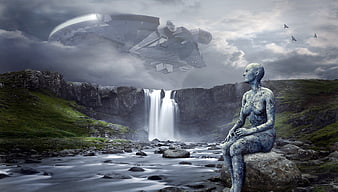 Sci-fi alien statue watching UFO over waterfall landscape