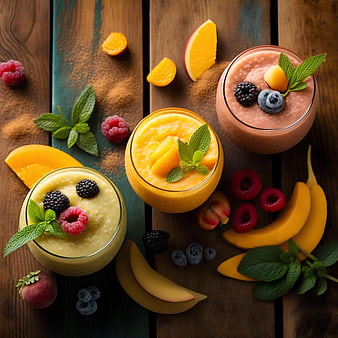 Top view of three colorful fruit smoothies with fresh berries and mint on rustic wood