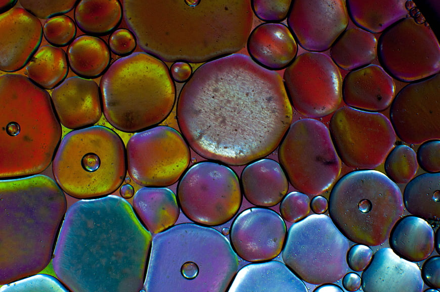 Abstract macro photography of colorful oil and water bubbles