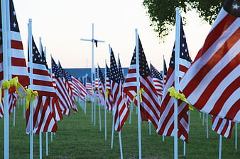 Rows of American flags with yellow ribbons at a memorial site
