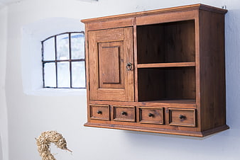 Rustic Wooden Wall Cabinet With Drawers And Open Shelves