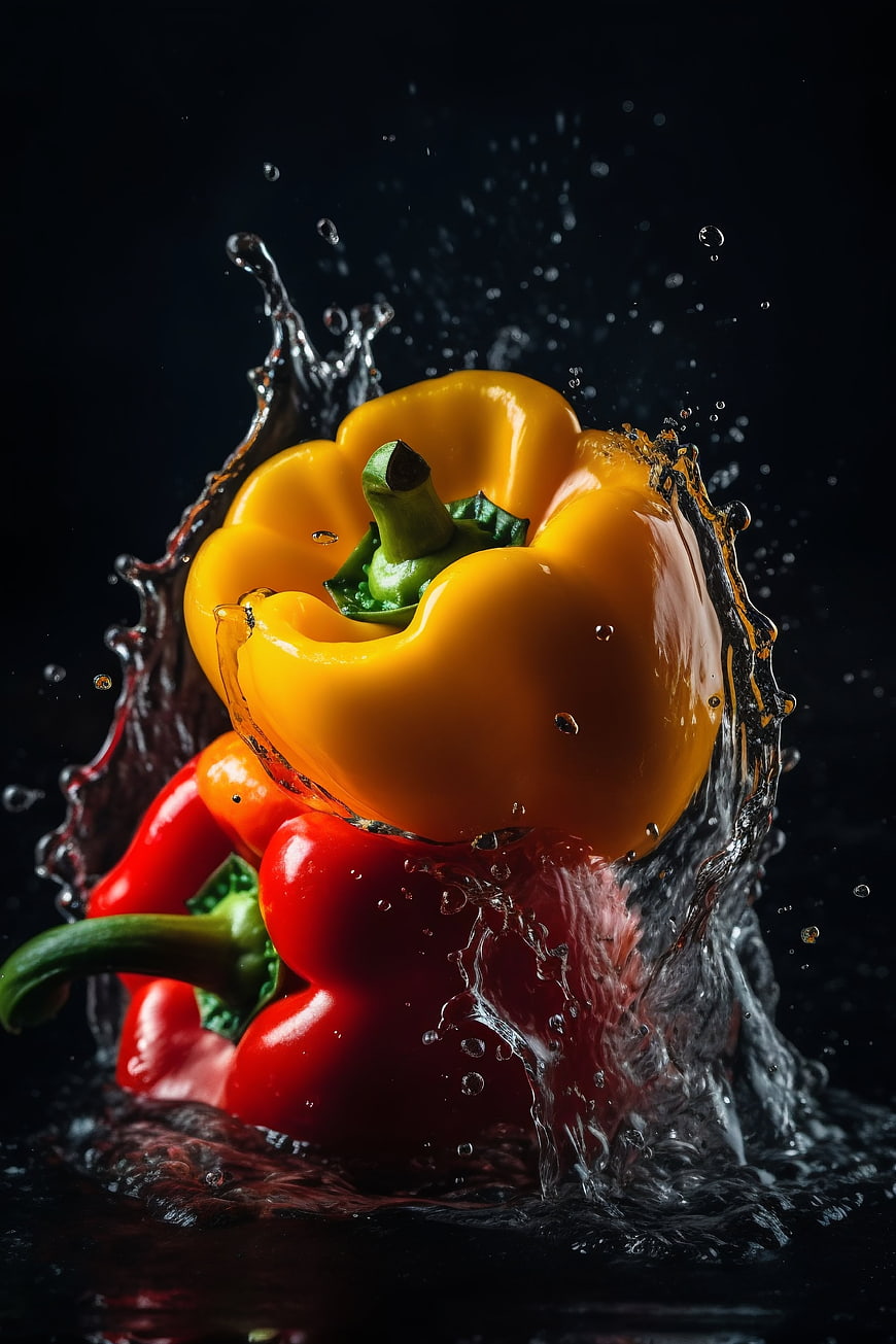 Fresh Yellow and Red Bell Peppers with Water Splash