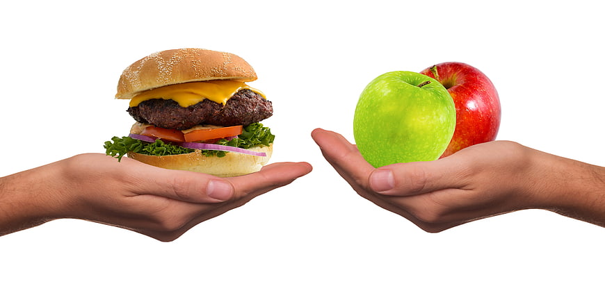 Hands holding burger versus apples healthy food choice