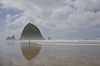 Lone Fisherman on Beach with Haystack Rock Reflection