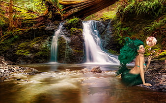 Fantasy Mermaid With Green Hair In Mossy Forest Waterfall