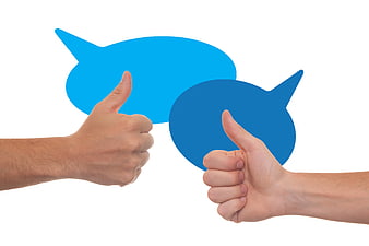 Two hands giving thumbs up with blue speech bubbles on white background
