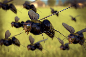 3D Render Swarm of Giant Hornets Flying in Field