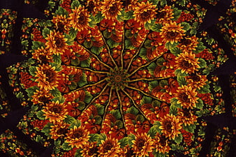 Kaleidoscope Pattern of Sunflowers and Red Flowers