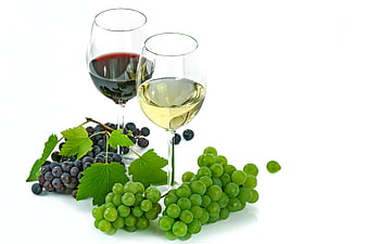 Red and White Wine Glasses with Fresh Grapes on White