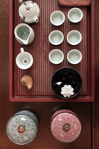 Top view of traditional Chinese tea set on wooden tray