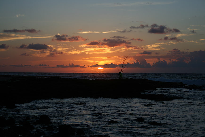 Silhouette of Fisherman on Rocky Coast at Sunset