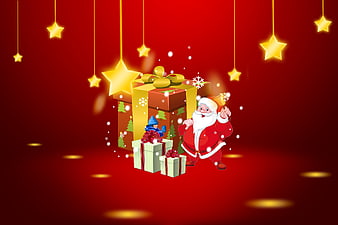 Cartoon Santa Claus with Christmas Gifts and Hanging Stars