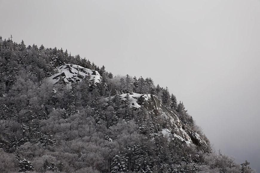 Snowy Mountain Ridge with Foggy Forest Landscape