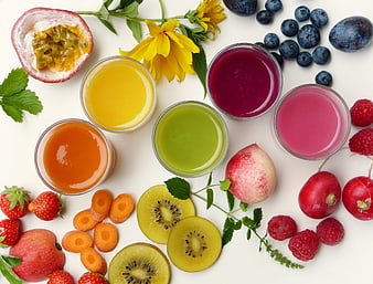 Colorful Fruit Smoothies With Fresh Berries And Vegetables On White Background
