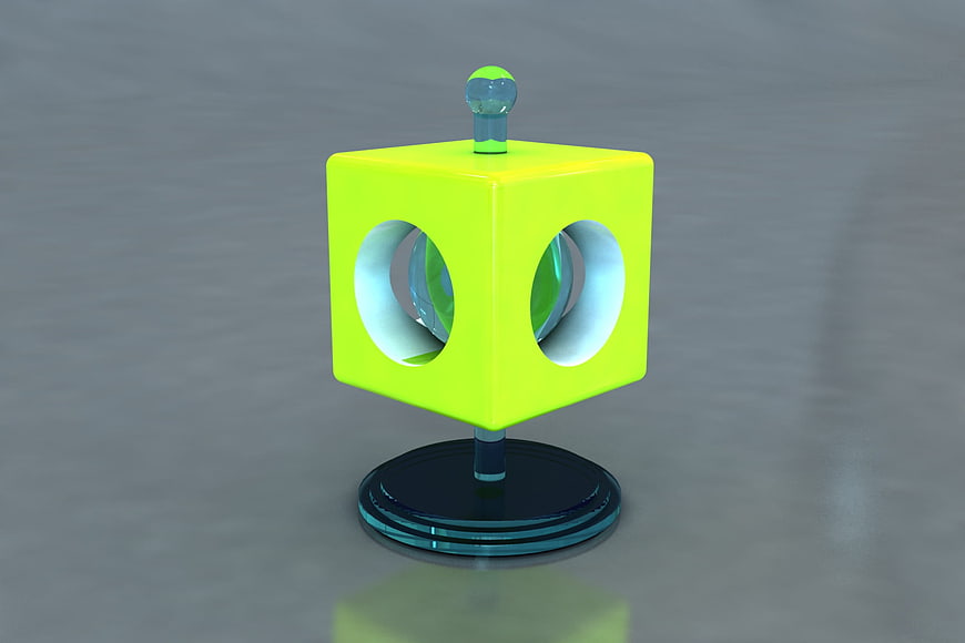 3D Render of Neon Green Cube with Circular Cutouts