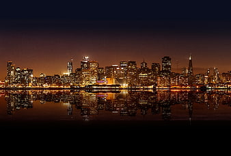 San Francisco Skyline Night Reflection Bay
