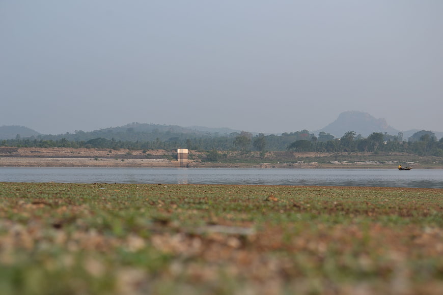 Serene Lake Landscape with Distant Mountains and Foreground Vegetation