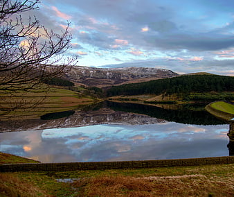 Serene Lake Reflection with Snow-Capped Hills at Sunset