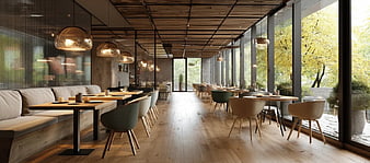 Modern Restaurant Interior with Wooden Ceiling and Large Windows