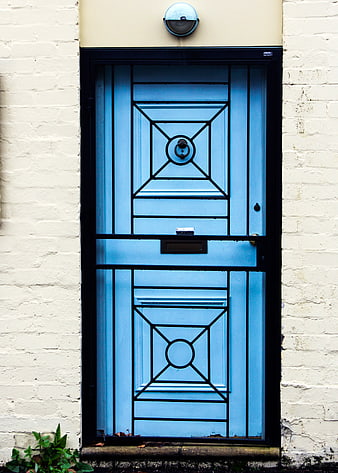 Blue Front Door with Black Security Gate on White Brick Wall