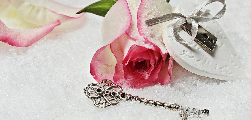 Vintage Key and Pink Rose in Snow with Heart Ornament