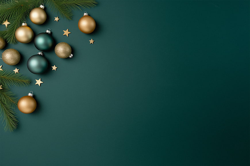 Elegant Christmas Flat Lay with Gold and Green Ornaments