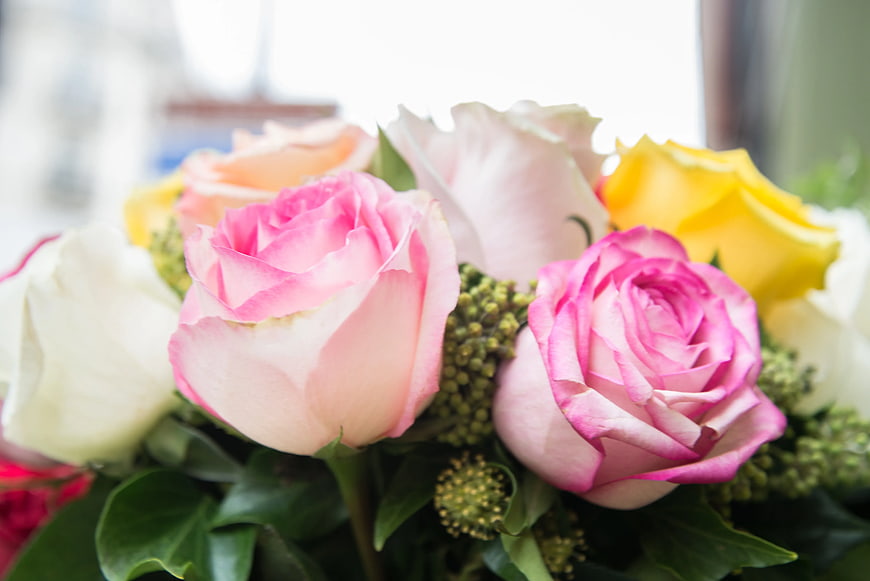Close-up of Pink, White, and Yellow Roses Bouquet