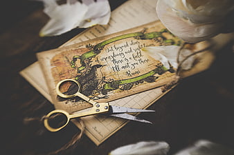 Vintage Scissors on Antique Paper with Rumi Quote and White Flowers