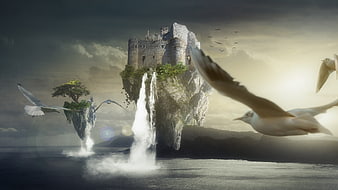 Fantasy Floating Island with Castle Ruins and Waterfall